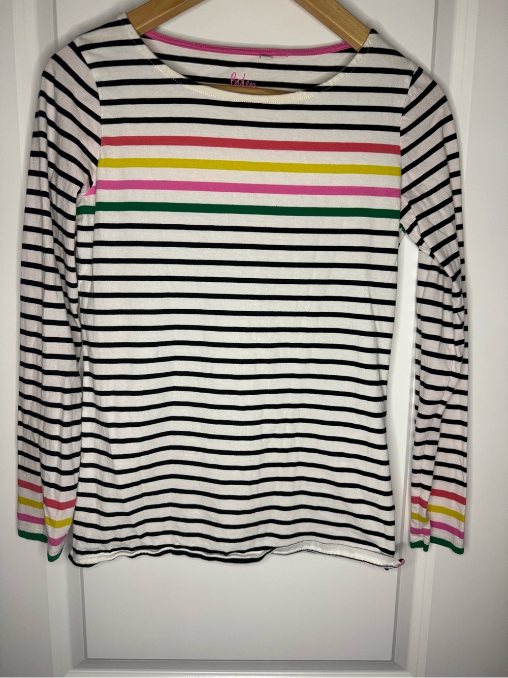 Boden Black & White Striped Long-Sleeve Tee with Pink, Yellow & Green Stripes